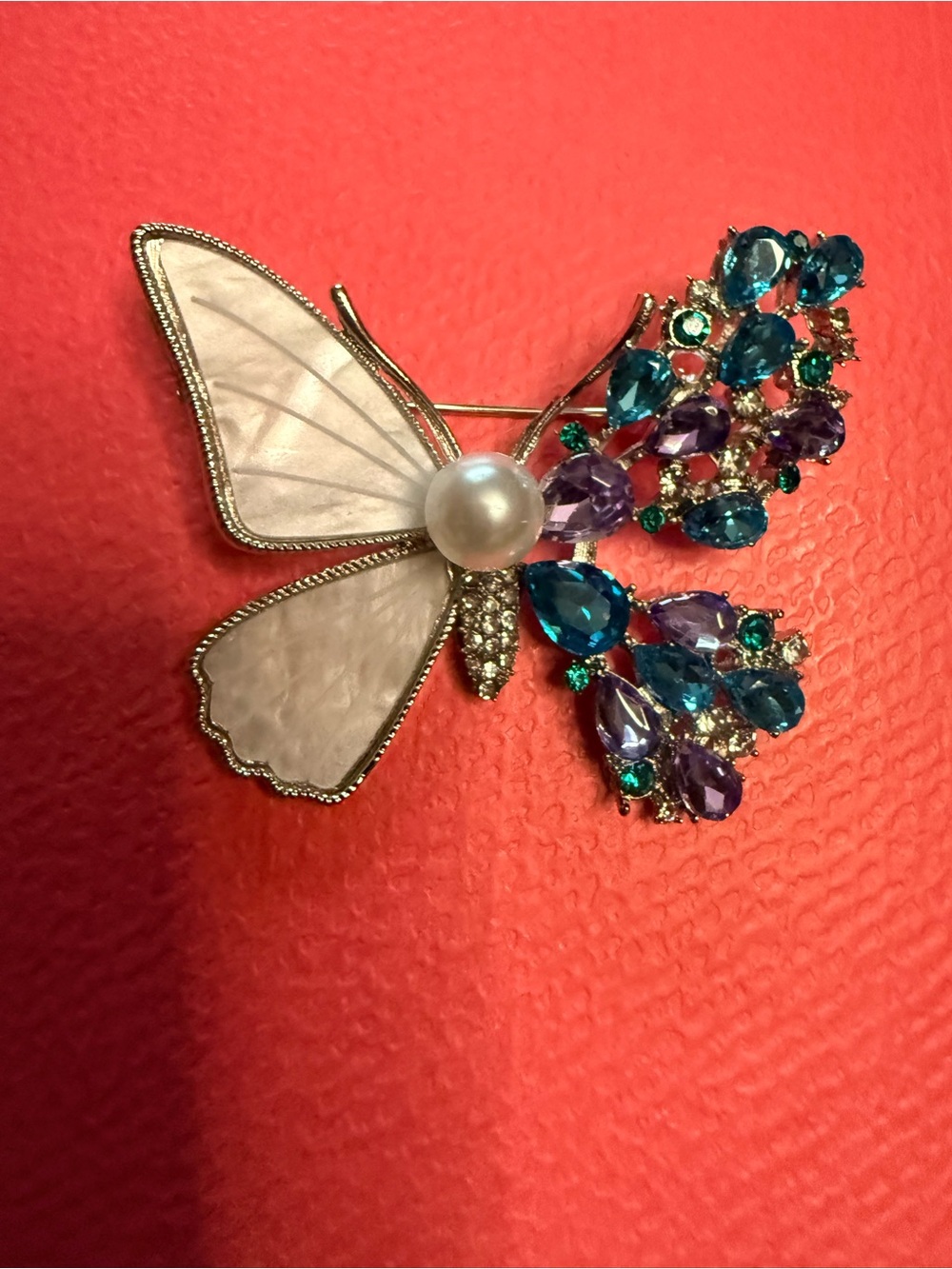 Pearl-Center Butterfly Brooch with Blue, Purple & White Accents